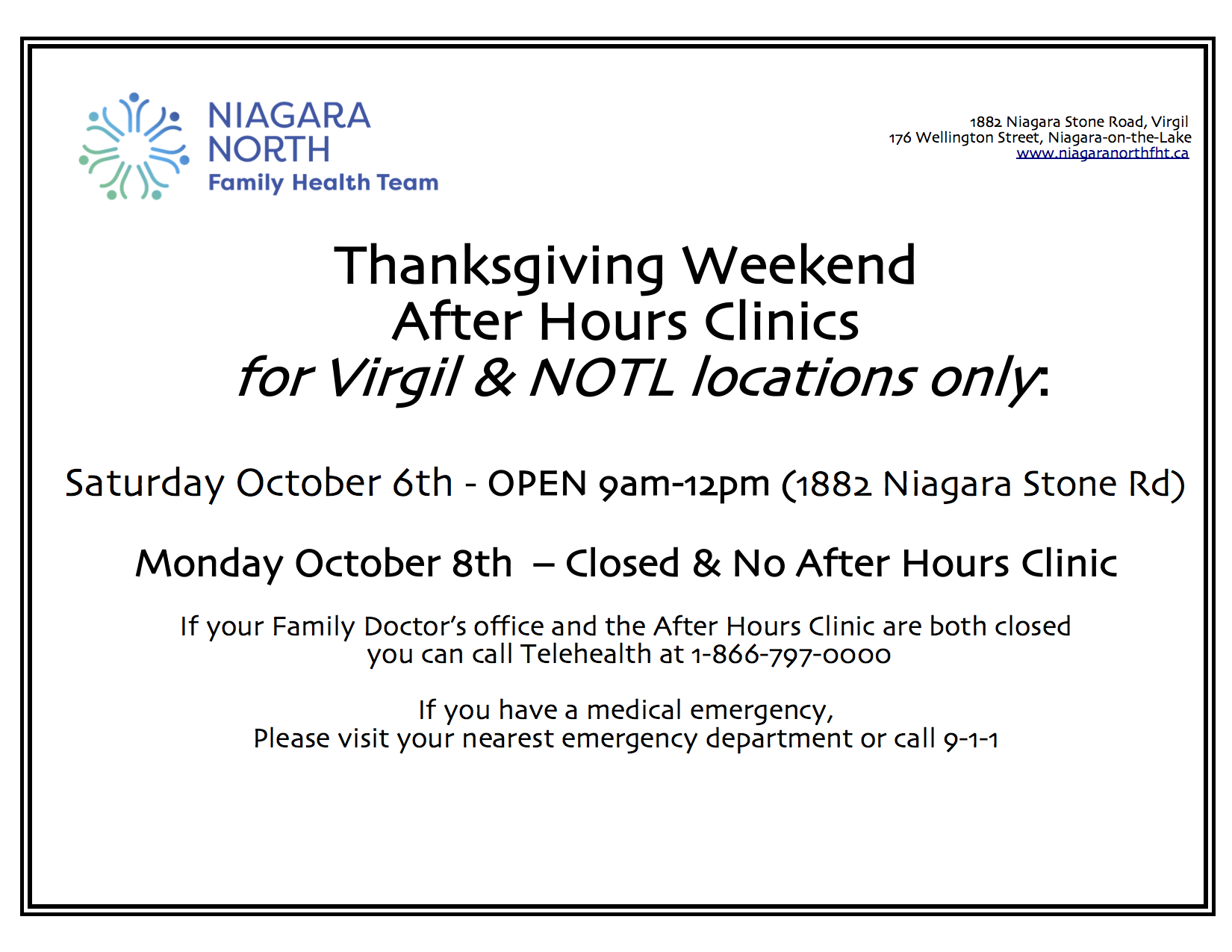 Thanksgiving Virgil after hours sign 2018 - Niagara North Family Health Team